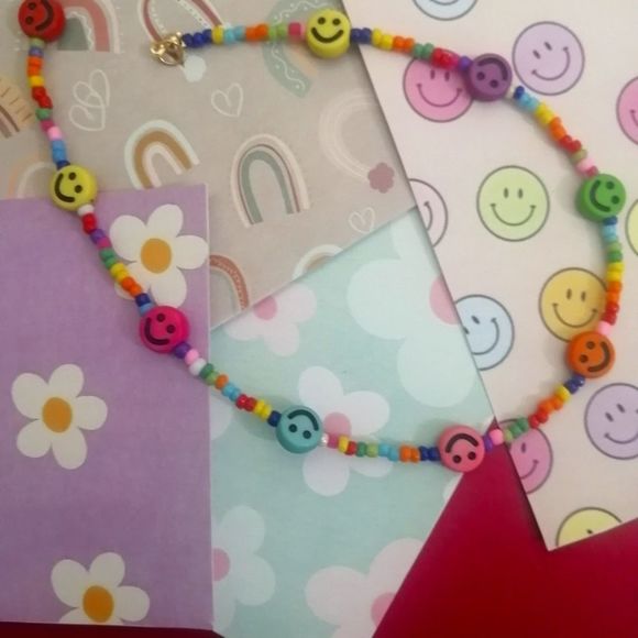 Rainbow smile face necklace with beads - Picture 2 of 5